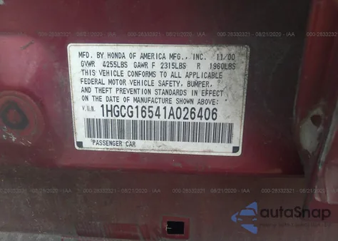 2001 Honda Accord Sdn Ex W/Leather from USA, damaged, VIN 1HGCG16541A026406